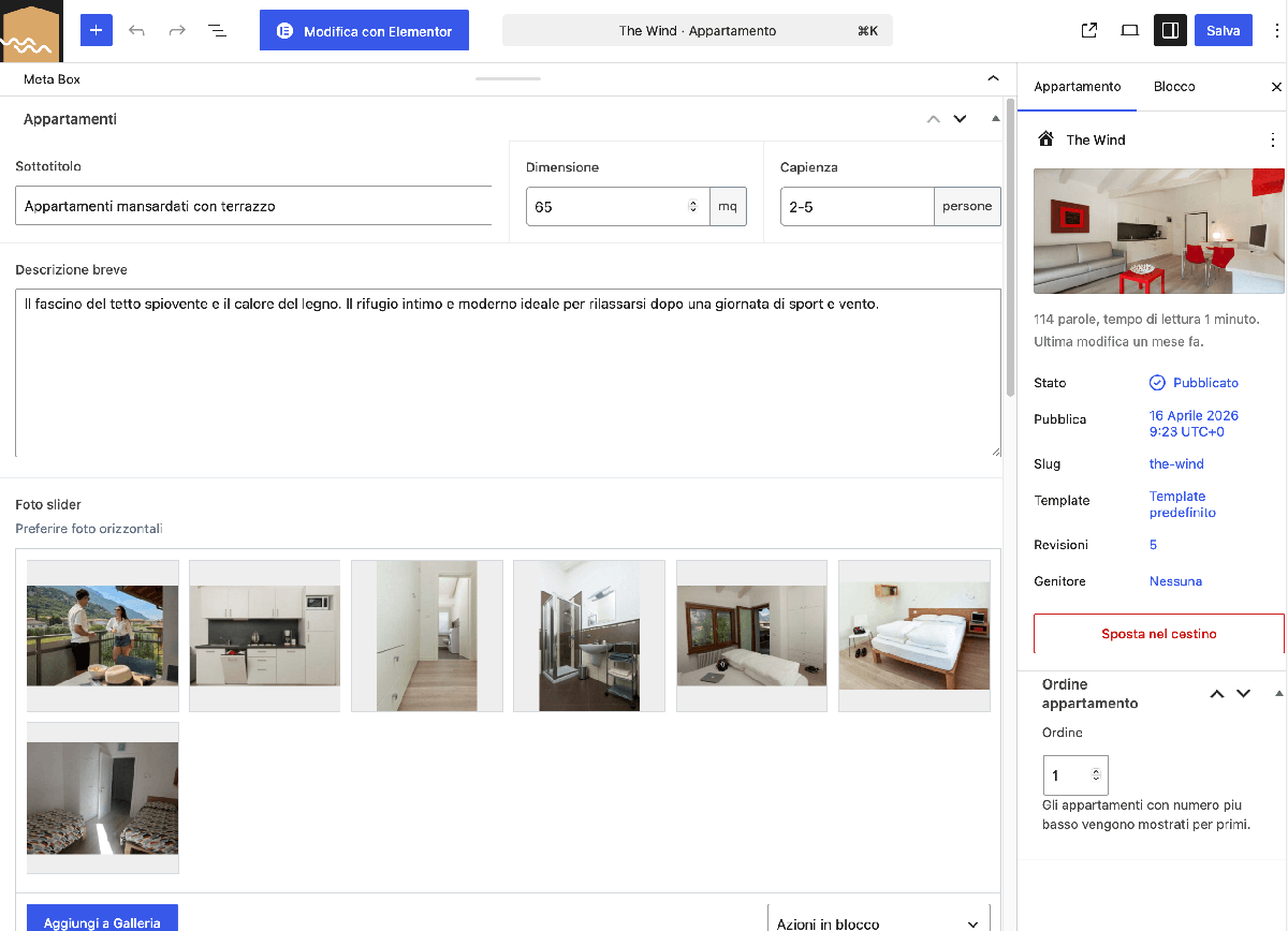 Backend WordPress di Casa Carla con meta box custom per la configurazione degli appartamenti e pagina opzioni del sito con campi ACF per ragione sociale, partita IVA, telefono e link social
