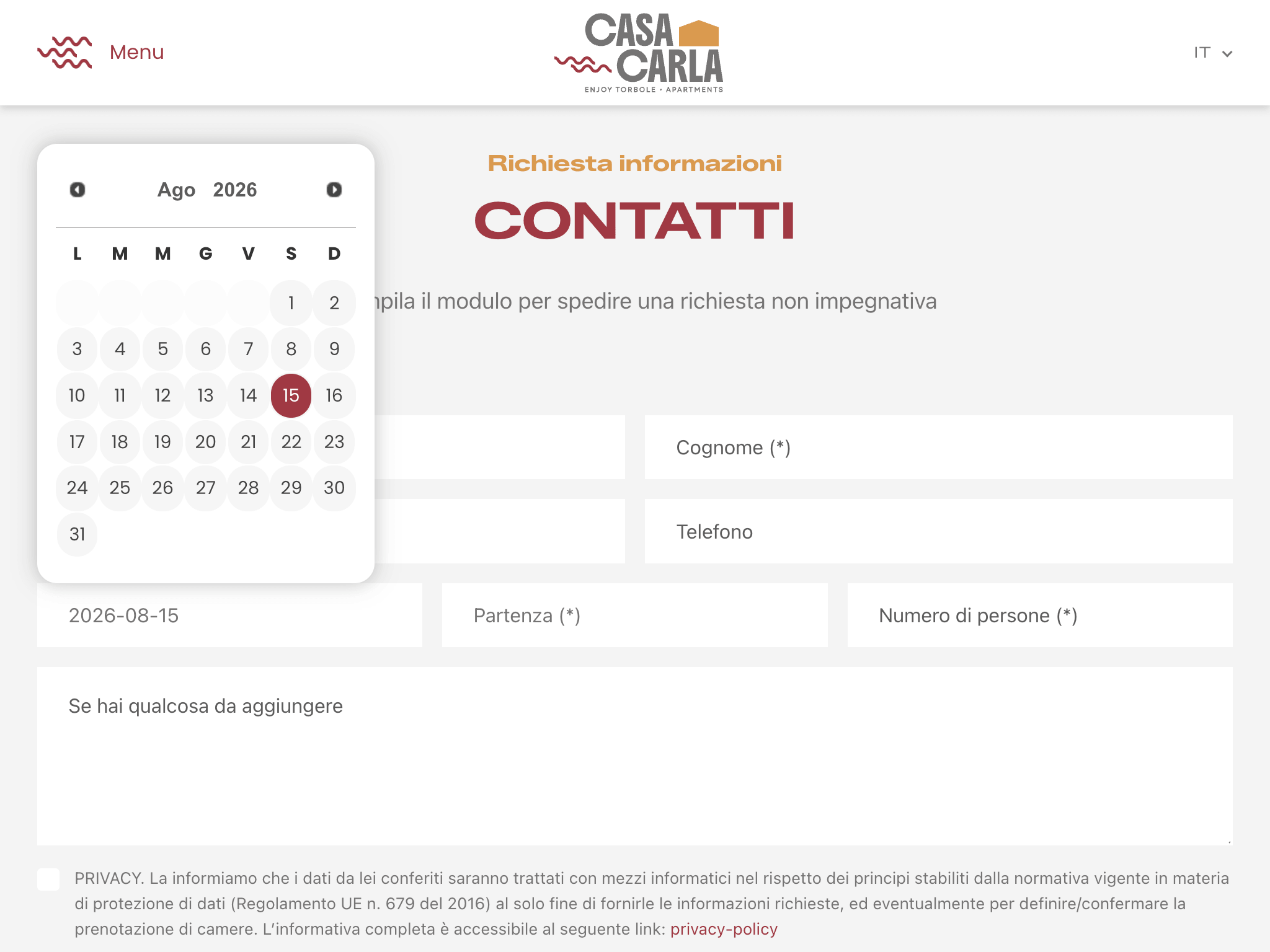 Pagina contatti di Casa Carla con form richiesta informazioni e date picker prenotazione