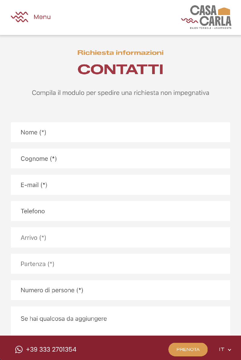Modulo di contatto di Casa Carla su smartphone, con campi form e date picker ottimizzati per touch